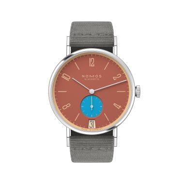Unisex, Handaufzug, NOMOS Glashütte Tangente 38 Datum Ziegelblau 