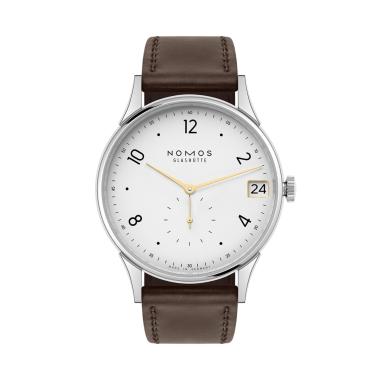Unisex, Handaufzug, NOMOS Glashütte Minimatik 39 Datum Gold