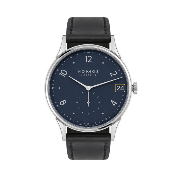         Damen- und Herrenuhr, Handaufzug, NOMOS Glashütte Minimatik 39 Datum blau
