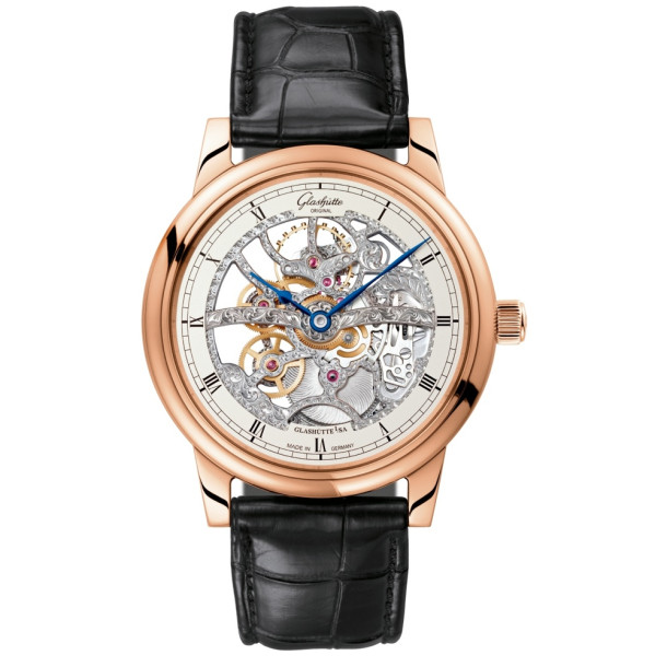         Damen- und Herrenuhr, Handaufzug, Glashütte Original Senator Handaufzug 
skelettierte Edition
