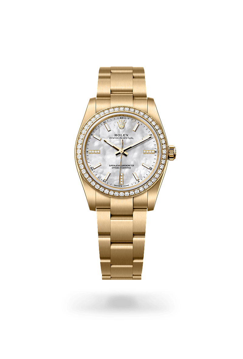 Rolex Oyster Perpetual 34 Herrenuhr (M124248RBR-0001) Oyster, 34 mm, Gelbgold mit Diamanten
