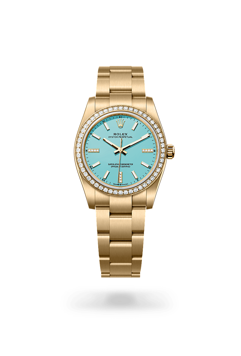 Rolex Oyster Perpetual 34 Herrenuhr (M124248RBR-0002) Oyster, 34 mm, Gelbgold mit Diamanten